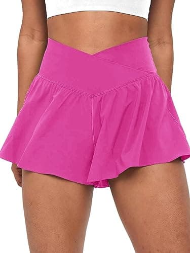 COPYLEAF Crossover Flowy Shorts for Women 2 in 1 Athletic Butterfly Running Shorts Tennis Gym Workout Skort with Pocket (HOT Pink XS)
