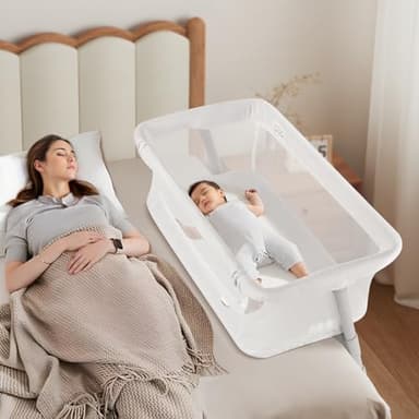 Cowiewie Bassinet Bedside Sleeper,Baby Bassinet Slides Over Bed,5-Position Height Adjustment & Breathable All-Mesh Wall Bedside Bassinet for Baby,Space-Saving Bedside Crib, Height(37.4-41.3"), White
