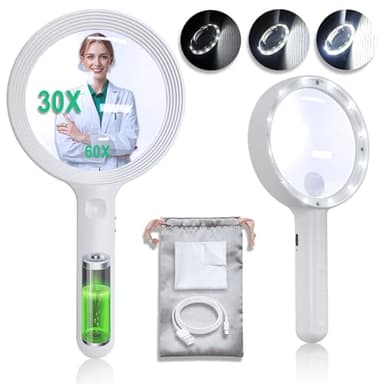 Magnifying-Glass Light-12 LED for Seniors Handheld Reading-Rechargeable - 30X 60X Magnification,3 Lighting Modes,Lightweight USB Rechargeable,Suitable for Reading, Checking, Jewelry, Coins, Exploring