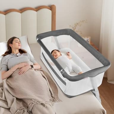 Cowiewie Bassinet Bedside Sleeper,Baby Bassinet Slides Over Bed,5-Height Adjustment & Breathable All-Mesh Wall Bedside Bassinet for Baby,Space-Saving Bedside Crib, Height(37.4-41.3"), Dark Grey
