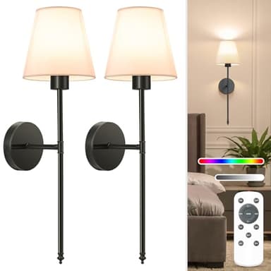 NIORSUN Battery Operated Wall Sconce Set of 2,Black Rechargeable Wall Lights with 5200mAh Dimmable Detachable Bulbs and Remote, 9 Colors Wireless Wall Lamps for Bedroom Living Room Hallway Decor