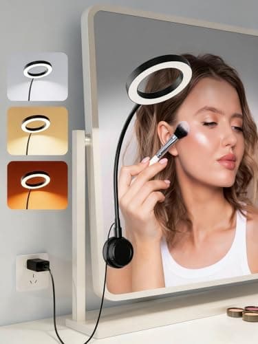 Suction Cup LED Vantiy Lights for Mirror, Flexible Gooseneck Stick on Selfie Ring Light for Makeup Vanity Table & Bathroom Mirror, 3 Color Modes & 10 Brightness, Plug in, Black