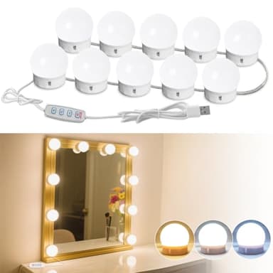 HELOIE Led Vanity Mirror Lights,Vanity Lights for Makeup Dressing Mirror Lighting,10 Dimmable Bulbs,Adjustable Light Color & Brightness,USB Cable,Mirror not Included