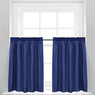 Valea Home Waffle Weave Textured Bathroom Window Curtains Water Repellent Short Curtains Window Covering Half Window Curtains Kitchen Tiers 36 inch Length, Navy Blue, Set of 2