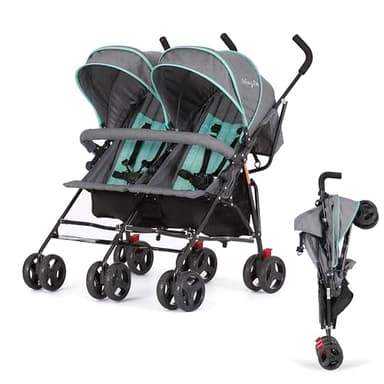 Dream On Me Volgo Twin Baby Stroller, Lightweight Side-by-Side Double Umbrella Stroller with Adjustable Canopy, 5-Point Harness, Storage Basket & Travel-Friendly Fold – Mint and Dark Grey