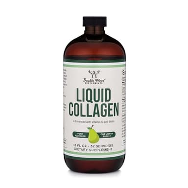Double Wood Supplements Premium Liquid Collagen - 2500mg of Hydrolyzed Bovine Collagen (Type 1, 3 and Grassfed) - 32 Servings - for Women and Men - 30 mcg of Biotin - Sugar Free Pear Flavor