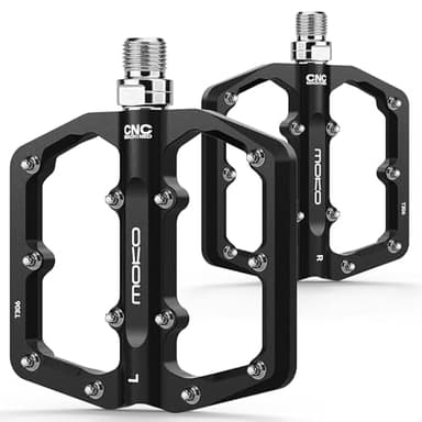 MoKo Mountain Bike & MTB Flat Pedals, Lightweight CNC Machined Aluminum Bicycle Pedals with 24 Replaceable Steel Pins & 3 Sealed Bearings, 9/16" Fits Road/City/BMX/E-Bike