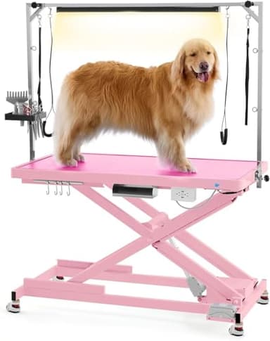 POLIMO LED Professional Electric Dog Grooming Table - 50" Heavy Duty Dog Grooming Station with LED, Button & Foot Control, Grooming Arm, Leveling Wheels, Anti-Slip Top & Tool Organizer (50", Pink)