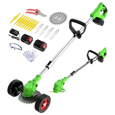 Electric Weed Wacker Eater Battery Powered, Cordless 21V Weed Trimmer with 2 Battery Operated & Charger & Wheels & Shears, 3 in 1 Lightweight Grass Trimmer/Edger/Brush Cutter for Garden Yard Lawn