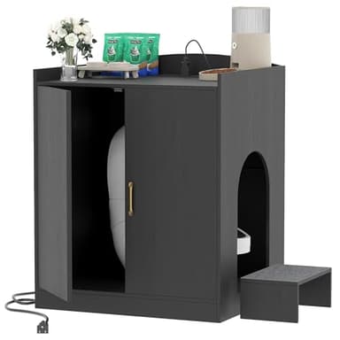 Heybly Litter box Enclosure,large Cabinet with Charging Station,Wooden Cat Litter Box Enclosure Furniture for Self-Cleaning Robot 3 & 4,Hidden for Smart Litter Box Size for senior cats,Black HCLB005BK
