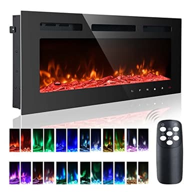 40 Inch Wall Mounted Electric Fireplace, 12 Flame Color, Overheat Protection and 1-8h Timer, 750/1500W Heat Settings, Logs & Crystal