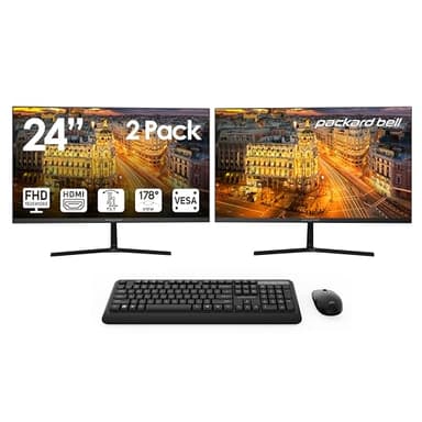 Packard Bell airFrame 24" FHD Monitors + Wireless Keyboard & Mouse, VESA Mount Compatible, HDMI/VGA, Tilt, Slim Bezel, for Home, Office, Light Gaming – 2 Pack