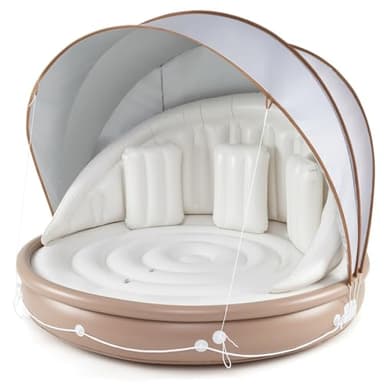 Moccha Inflatable Island with Canopy - 440 lbs Party Floats with SPF50+ Retractable Detachable Sunshade & 3 Pillows, 2-3 Person Tanning Lounger, 73” Pool Daybed, Floating Island for Lake (73” Round)