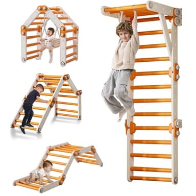 HTWELL Toddler Climbing Toys,Kids Pikler Triangle Set,Montessori Indoor Play Gym,Multifunction Foldable Indoor Climbing Gym for Kids(Orange)