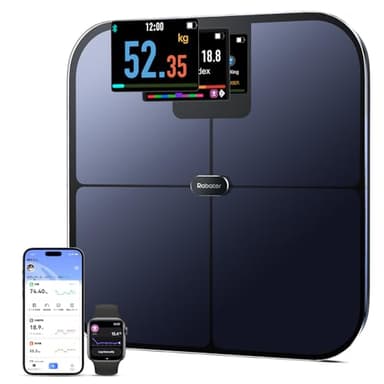 Rabater Smart Scale with Large Color Display, Digital Bathroom Scale for Body Weight BMI Muscle Mass, 25 Composition, Body Fat Scale with Heart Rate, 11.8" Large Platform, 400 lbs (Black)