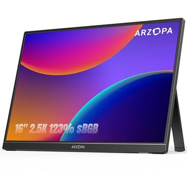 ARZOPA 16" 2.5K Portable Monitor, 2560x1600 QHD IPS Display 123% sRGB with Built-in Stand USB-C HDMI Eye Care External Second Screen for Mac Laptop Phone PS4/5 Xbox Switch -Z1RC