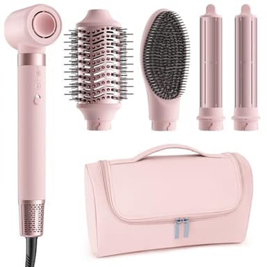 MESCOMB 5 in 1 Hot Air Styler Wrap, High-Speed Hair Dryer, Volumizing Brush with Auto Curlers, Fast Drying & Frizz-Free Styling, Straightening, No Heat Damage, Includes Travel Bag (Pink)