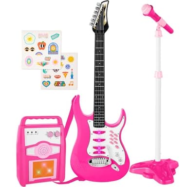 Best Choice Products Toy Kids Guitar Play Set Bundle, Pretend Play Toddler Electric Guitar Kit with Interactive Microphone, Amp, Whammy Bar, 6 Demo Songs and 2 Sticker Sheets - Pink