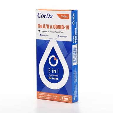 CorDx TyFast Flu A/B & Covid 19 Multiplex Rapid Test, 10 Mins at Home, FDA Authorized, 3 in 1 Combo Kit, 1 Test