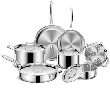EWFEN Pots and Pans Set, 3 Ply 11 Piece Stainless Steel Cookware Set, Oven Dishwasher Safe | Induction Compatible Frying Pans, Saucepans, Saute Pan & Stock Pot, PFOA Free Kitchen Skillet