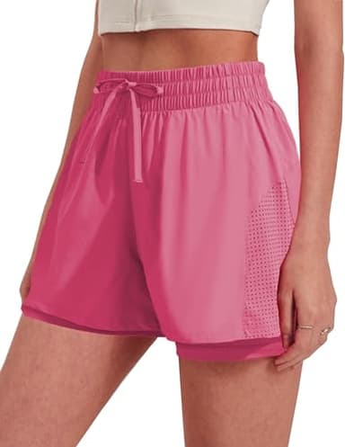PINSPARK High Rise Athletic Shorts for Women Quick Dry Running Shorts Gym Athletic Elastic Waist Shorts with Soft Liner Hot Pink L