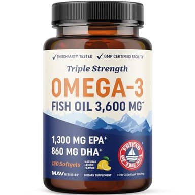 Triple Strength DHA Omega 3 Fish Oil 3600 mg | Over 2100mg Omega-3 Fatty Acids with 860mg of DHA | 1300mg EPA | Best Essential Fatty Acids | Premium Wild Caught & Burpless Fish Oil | 120 ct.