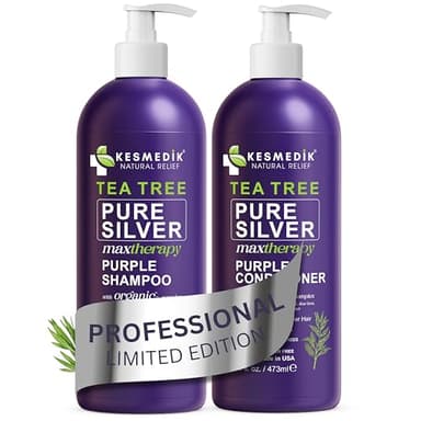 KESMEDIK Professional Purple Shampoo & Conditioner Set with Tea Tree Oil for Silver & Grey Hair, Anti-Brass Toner, Neutralizes Yellow Tones, Revitalizes Color & Relieves Itchy Scalp, 16 fl oz Each