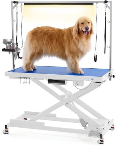 POLIMO LED Professional Electric Dog Grooming Table - 50" Heavy Duty Dog Grooming Station with LED, Button & Foot Control, Grooming Arm, Leveling Wheels, Anti-Slip Top & Tool Organizer (50", White)
