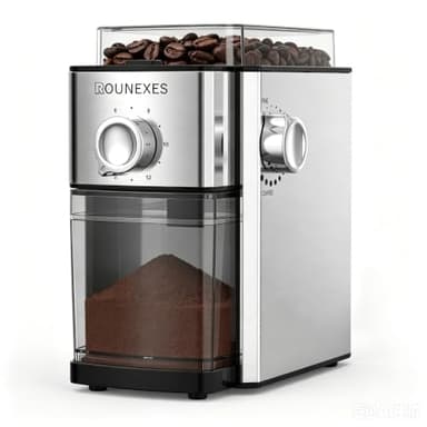 ROUNEXES Flat Burr Coffee Grinder Electric, Automatic Coffee Bean Grinder with 17 Adjustable Settings, Burr Mill for Espresso, Removable Container, 2-12 Cup,metal silver