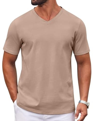 COOFANDY Mens T Shirts Short Sleeve Soft V Neck T-Shirt Casual Basic Summer Tee Tops Khaki