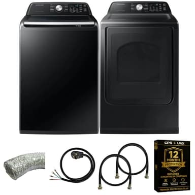 Samsung Smart 4.7 Cu Ft Top Load Washer & 7.4 Cu Ft Electric Dryer, Sensor Stops Overdrying, Low Vibration Quiet Wash, WaterJet w/Power Cords, Hoses, Vent Duct, 1 Year CPS Protection Bundle (Black)