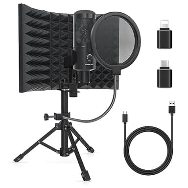 Studio Recording Microphone Isolation Shield with Pop Filter and Metal Tripod Stand, Studio Mic to PC Laptop Smartphone, Music Microphone for Recording Singing Podcasting