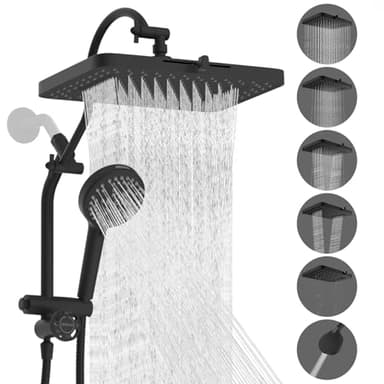 Hibbent cUPC Certified 13'' Shower Head Combo, High Pressure 5 Spray Rainfall Showerhead, 10 Spray Mode Handheld, All Metal Easy Reach 4-way Diverter Arm with Pause Mode, 71'' Hose and Holder, Black