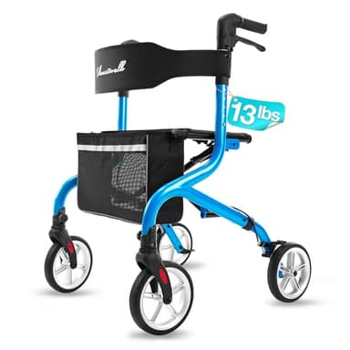 PLANET WALK Super Lightweight Rollator Walker for Seniors, Foldable Rolling Walker with Seat and 8" Rubber Wheels for All Terrain, Unique Design Aluminium Frame Sturdy Walkers for Traveling - Blue