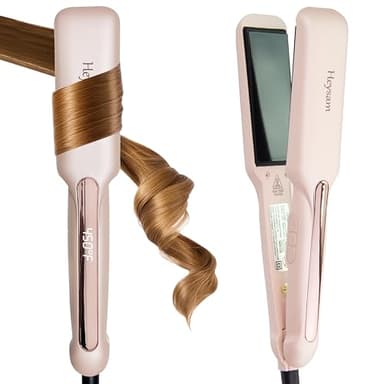 Heysam Flat Iron Hair Straightener and Curler 2 in 1, Travel Portable Dual Voltage Hair Irons for Thick Hair, Wide Ionic Straightener 1.6-Inch, 30S Fast Heating, LCD Display, Smooth & Frizzy, Pink