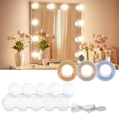 LED Vanity Lights For Mirror, Consciot Hollywood Style Vanity Lights With 10 Dimmable Bulbs, Adjustable Color & Brightness, USB Cable, Mirror Lights Stick on for Makeup Table Dressing Room Mirror