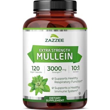 Zazzee Extra Strength Mullein 10:1 Extract, 3000 mg Strength, 120 Vegan Capsules, 4 Month Supply, Standardized 10X Extract, 100% Pure Leaf Powder, All-Natural and Non-GMO, Made in The USA