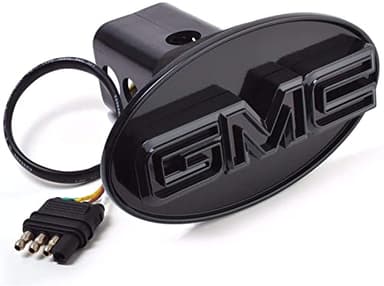 GMC Hitch Cover (Black)-LED Light Hitch Receiver Covers Compatible with GMC Trucks 2”, 1.25” Tube Both Fit Chrome Letters on Black Metal 4 Way Flat Connector