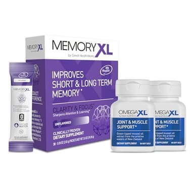 OmegaXL Joint Support Supplement for Relief - Natural Muscle Support, Green Lipped Mussel Oil, 60 Count (2 Pack). MemoryXL, Magnesium L-Threonate Brain Supplement - Memory & Focus Unflavored 30 Pack