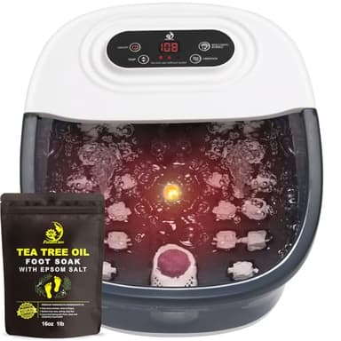 Foot Spa Bath Massager with Heat Bubbles and Vibration Massage and Jets, 16 OZ Calming Lavender Foot Soak Epsom Salt, MoodRelish Foot Soaker with Red Light, 22 Massage Rollers, Adjustable Temp -Grey