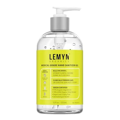 Lemyn Organics Medical‑Grade Hand Sanitizer Gel – 97 % Organic | 70 % USP Ethyl Alcohol | Moisturizing Aloe + Hyaluronic Acid | Freshly Made in USA | 12oz Bottle with Pump