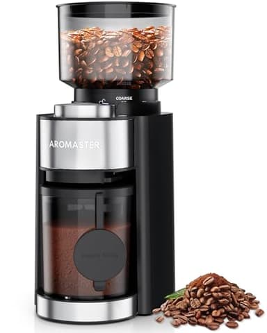 Aromaster Burr Coffee Grinder with 25 Grind Setting, Adjustable 2-12 Cups Timer, Professional Conical Coffee Bean Grinders for Home Use, 3-Ears Portafilter Holder, Anti-static, Cleaning Brush, Black