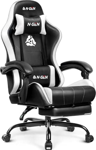N-GEN GAMING Video Gaming Chair with Footrest Lumbar Support for Home Office High Back Recliner Height Adjustable Ergonomic Comfy Leather Computer Desk Chair (White)