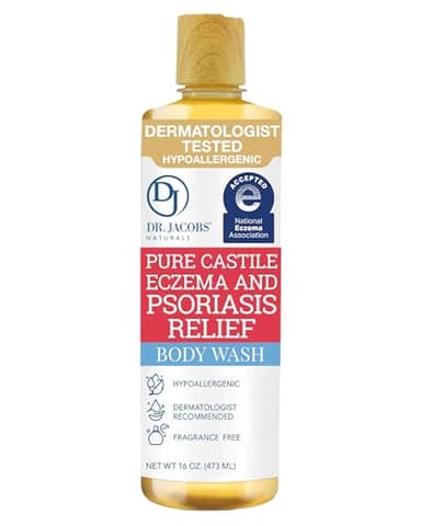 Dr. Jacobs Naturals Hypoallergenic Castile Soap, Dermatologist Tested Unscented Soap for Eczema & Psoriasis Relief - Sensitive Skin Body Wash, Vegan & Gluten-Free Formula for All-Day Hydration -16oz