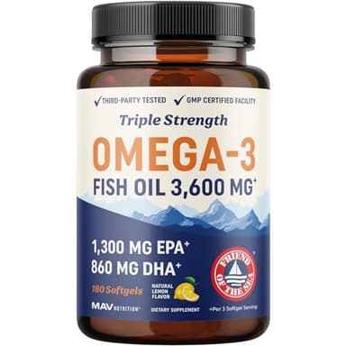 Triple Strength Omega 3 Fish Oil 3600 mg | EPA & DHA | Over 2100mg Omega-3 Fatty Acids | 1300mg EPA + 860mg DHA | Best Essential Fatty Acids | Premium Wild Caught & Burpless Fish Oil | 180 Ct