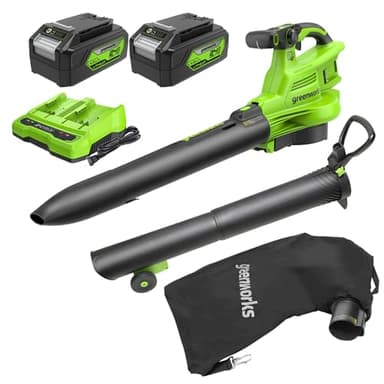 Greenworks 48V (24V x 2) Cordless Brushless Leaf Blower/Vacuum (520 CFM / 240 MPH) with Bag, Powerful & Efficient for Yard Debris Cleanup, Includes (2) 4.0Ah Battery & Dual Port Charger