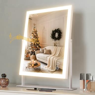 Hansong Vanity Mirror with Lights 11.8"x9.8" Lighted Makeup Mirror with Bluetooth Speaker Smart Touch Control LED Mirror with 3 Color Light Modes Detachable 10X Magnification and 360°Rotation