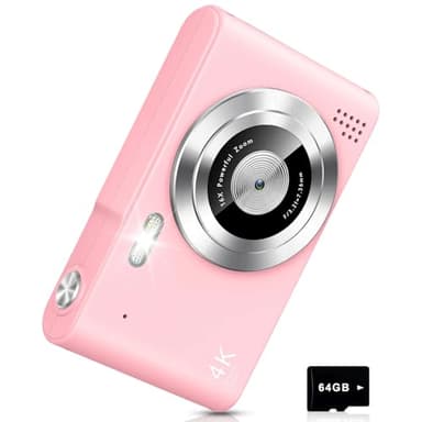 Digital Camera, Camera for Kids, UHD 4K 48MP Point and Shoot Digital Cameras with 64GB SD Card and 16X Digital Zoom Anti Shake, Compact Portable Small Gift for Boys Girls Students, Pink