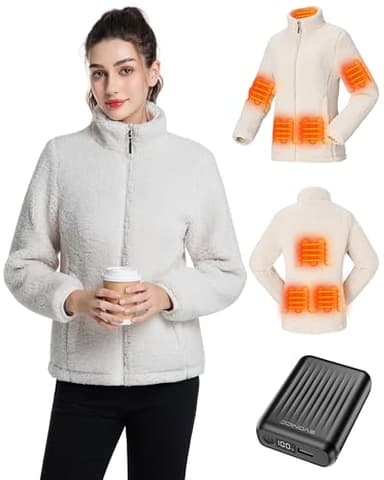 Evonicc Women's Heated Jacket with Battery Pack 12V 18400mAh, Fuzzy Fleece Heated Jacket for Women, Warming Casual Sherpa Jacket Heated Coats Ice Skating