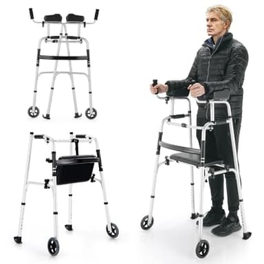 Toolsempire Folding Walkers for Seniors, Upright Walker with Seat, Removable Arm Support & 5" Wheels, Height Adjustable Platform Walker Mobility Aid for Elderly